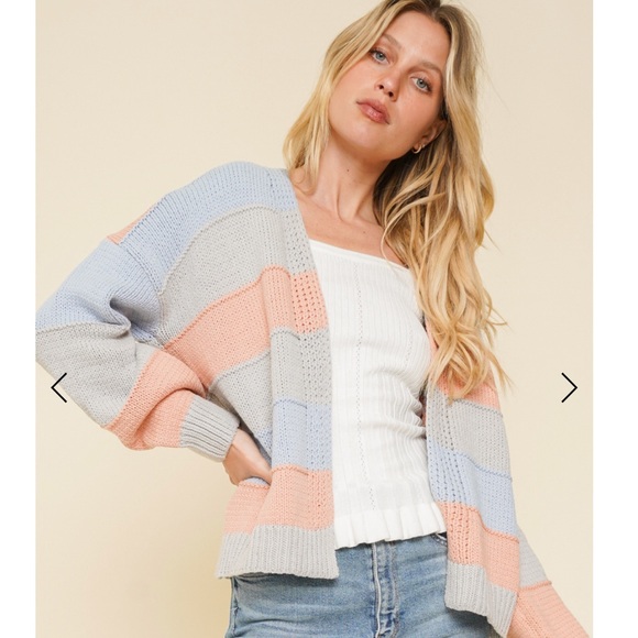 703. Hem & Thread Open Cardigan Sweater Color Block Stripe Cotton Blend New Item - Picture 4 of 12